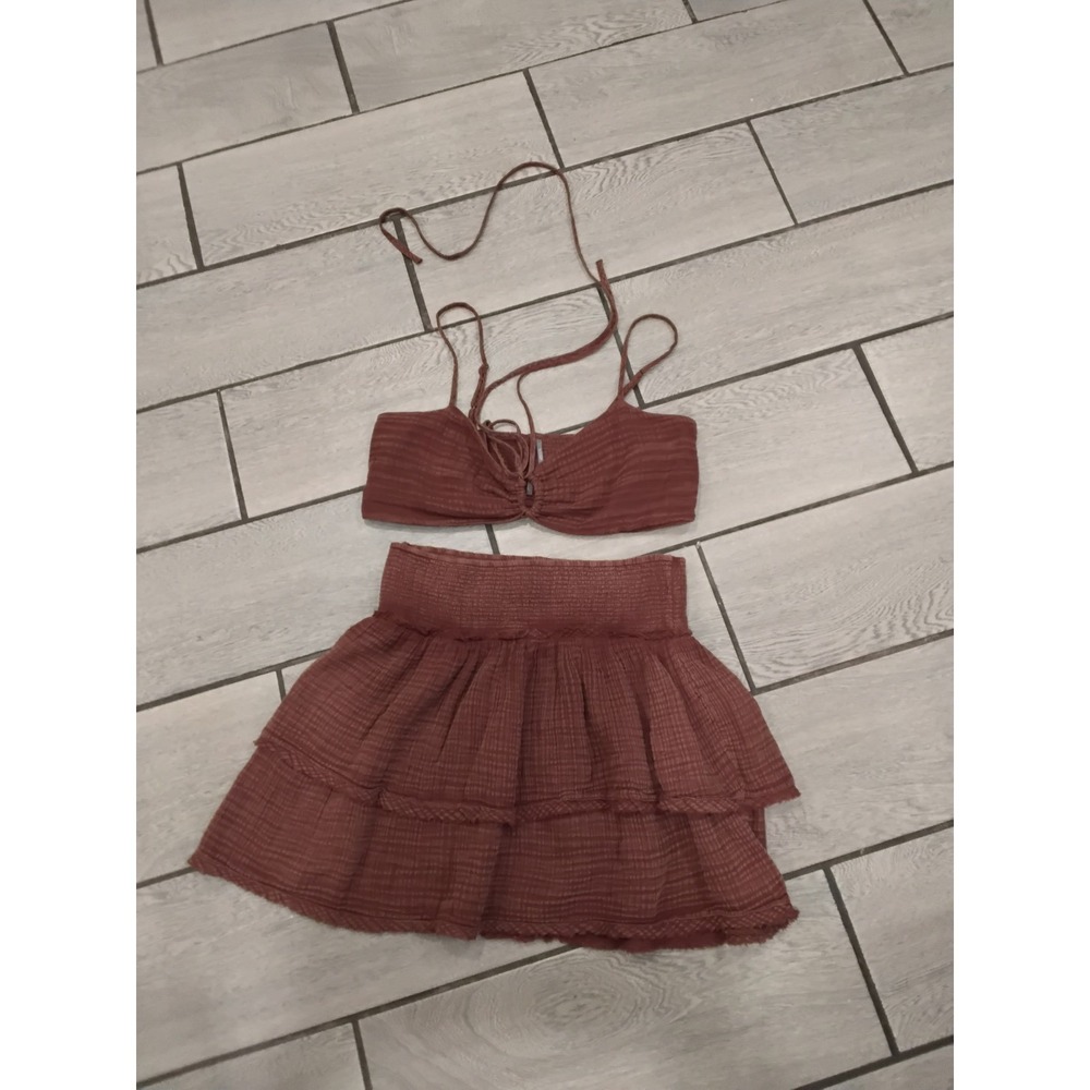 Anthropologie Brown Textured Gauze 2 Piece Set Crop Top Tiered Mini Skirt Medium